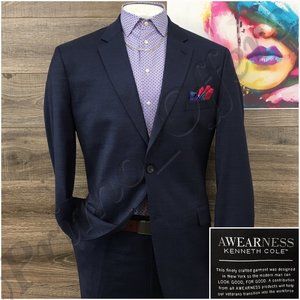 Kenneth Cole Mens 2 Piece Suit Size 46L Blazer Sport Coat Wool Jacket Pants Blue